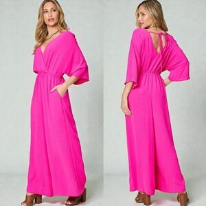 Hot Pink Surplice Wide Leg Dolman Sleeve Jumpsuit with Pockets NWT